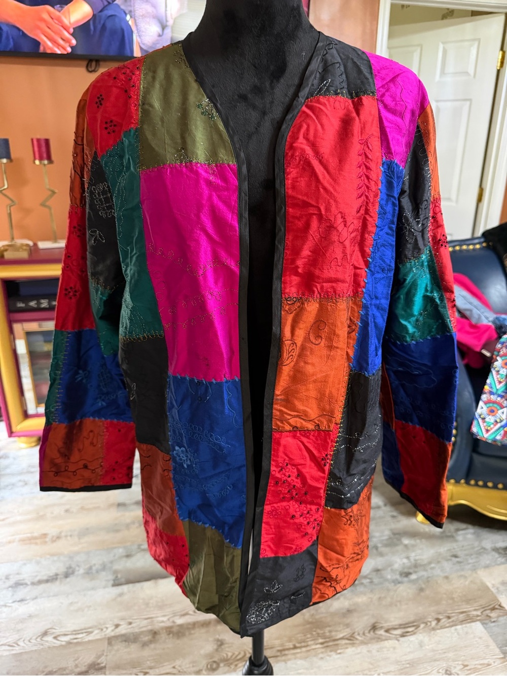 Vintage Chico's Multicolor Patchwork Open-Front Jacket- Silk